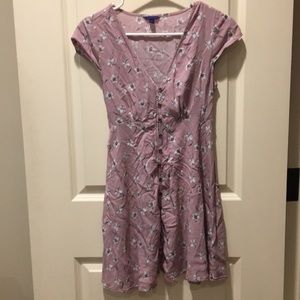 Aeropostale 100% rayon soft pink floral v neck button Down dress tie back size S